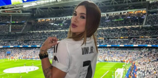 Virginia Fonseca assiste jogo do Real Madrid com camisa de Vini Jr.: ‘HALA MADRID’