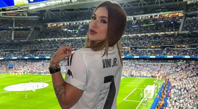 Virginia Fonseca assiste jogo do Real Madrid com camisa de Vini Jr.: ‘HALA MADRID’