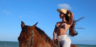 Tainá Militão curte passeio a cavalo de biquíni em praia paradisíaca de Alagoas