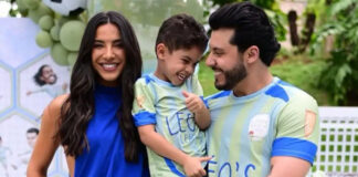 Gabriela Versiani exibe look dela e de Léo, filho de Murilo Huff para gravação do cantor