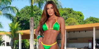 Nicole Bahls posa de biquíni em clima brasileiro após vitória da Seleção