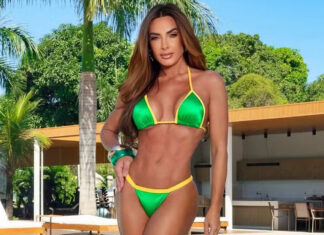 Nicole Bahls posa de biquíni em clima brasileiro após vitória da Seleção