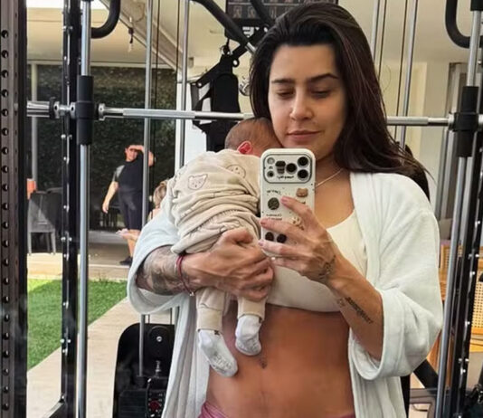 Lauana Prado leva filho recém-nascido para conhecer sua academia: ‘Do lado de fora’